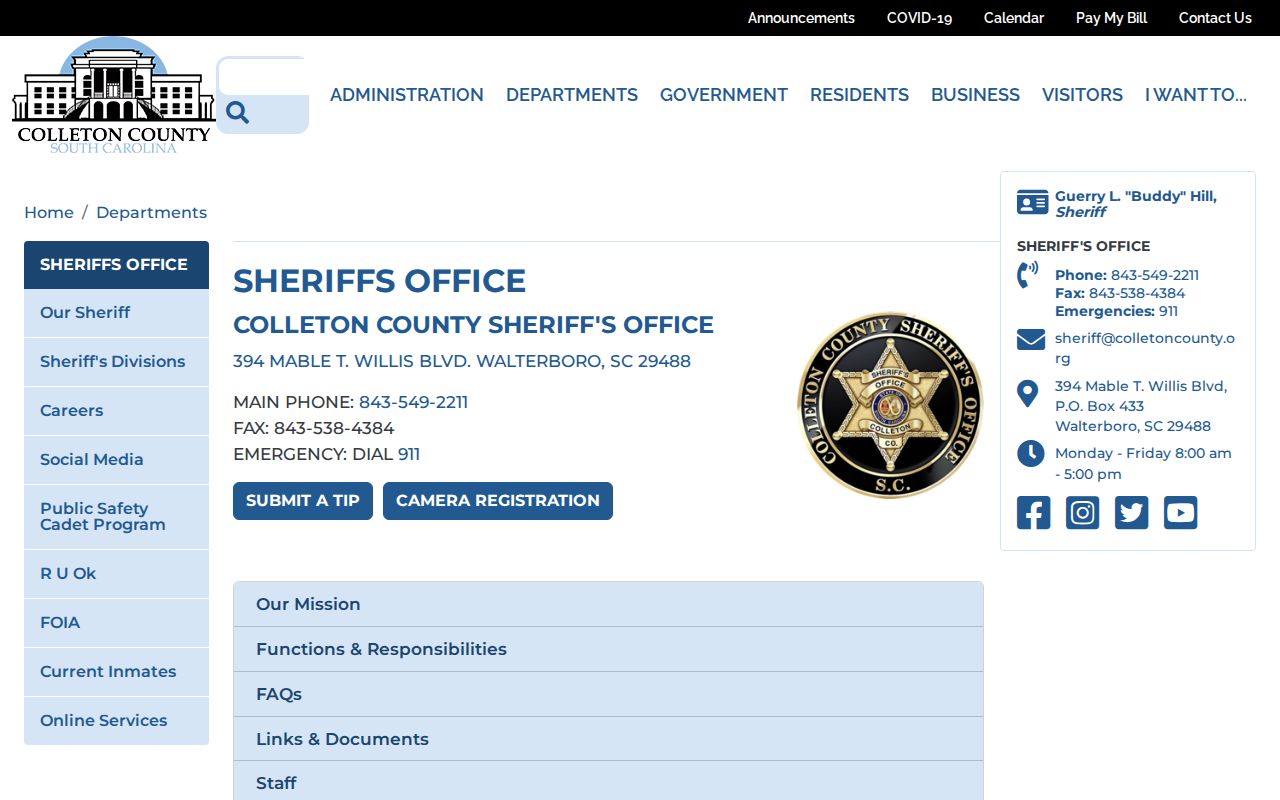 Colleton County Sheriff's Office warrant and tip contact information