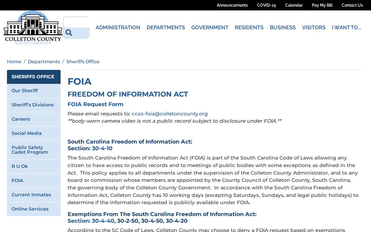 Colleton County Sheriff's Office booking record and photo request page